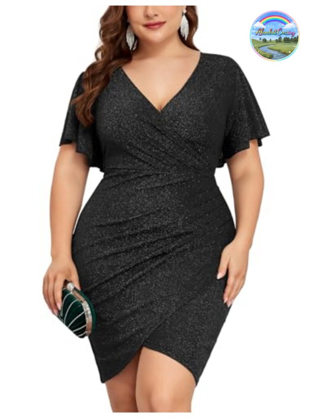 Plus Size Sequin Glitter Bodycon Mini Dress Wrap V-Neck Ruffle Sleeve Cocktail